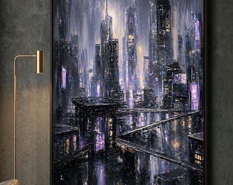 Cuadro decorativo de paisaje urbano morado oscuro / Lámina con horizonte nocturno melancólico / Decoración urbana futurista / Lámina de estilo oscuro para dormitorio / Descarga digital