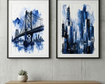 Zestaw 2 niebieskich pejzaży miejskich | Ink Splash Bridge & Skyline Print | Granatowa sztuka ścienna z architekturą miejską | Pobieranie cyfrowe