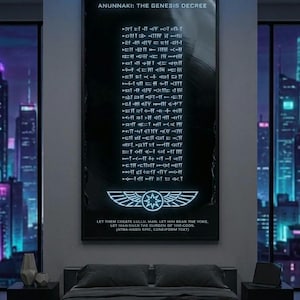 Op de afbeelding: Een moderne slaapkamer met een zwart bed, nachtkastjes en een groot ingelijst kunstwerk. Het kunstwerk toont tekst en een gevleugeld embleem, getiteld "ANUNNAKI: THE GENESIS DECREE". De kamer heeft een donkere, minimalistische esthetiek met uitzicht op de stad.