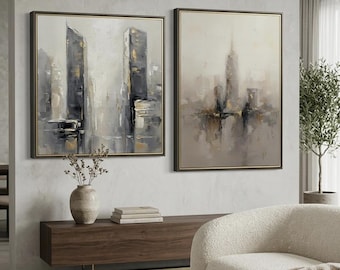 Conjunto de 2 láminas de arte abstracto con paisajes urbanos, pintura con textura de pan de oro, decoración moderna para oficinas y salas de estar (descarga digital).