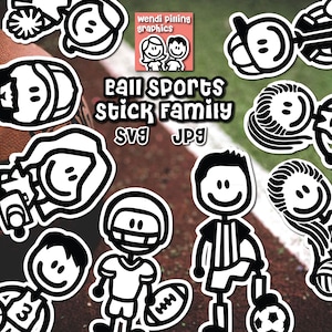 Ball Sports Stick Family SVG Cutting File, Instant Download, featuring Basketball, Baseball, Softball, Volleyball, Football, and Soccer