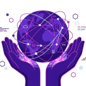 May include: A digital illustration depicts a globe encircled by a network of interconnected lines and icons, held gently in two purple hands. The globe is a deep purple, with white lines representing global connections. Hexagons and lines complete the design.