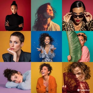 May include: Nine-panel grid of diverse women, each against a solid-color backdrop. The women display various expressions and poses, including wearing sunglasses, holding a leaf, and smiling. The image showcases a variety of styles and moods.