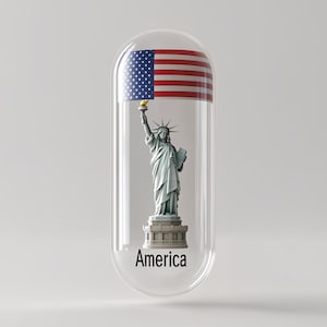 Puede incluir: Imagen conceptual de la Estatua de la Libertad dentro de una cápsula transparente, con la bandera estadounidense encima. La palabra "America" está impresa en la parte inferior. La estatua es de color verde claro.