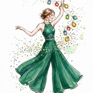 Op de afbeelding: Waterverfillustratie van een persoon in een groene pailletten haltertop en wijde broek, met een slinger van kleurrijke lantaarns. De persoon danst, met confetti en kleurrijke spikkels verspreid.