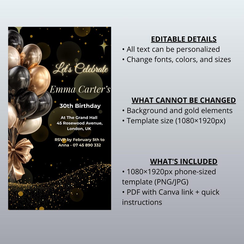 Black and Gold Birthday Invitation | Editable Phone Template (digital ...