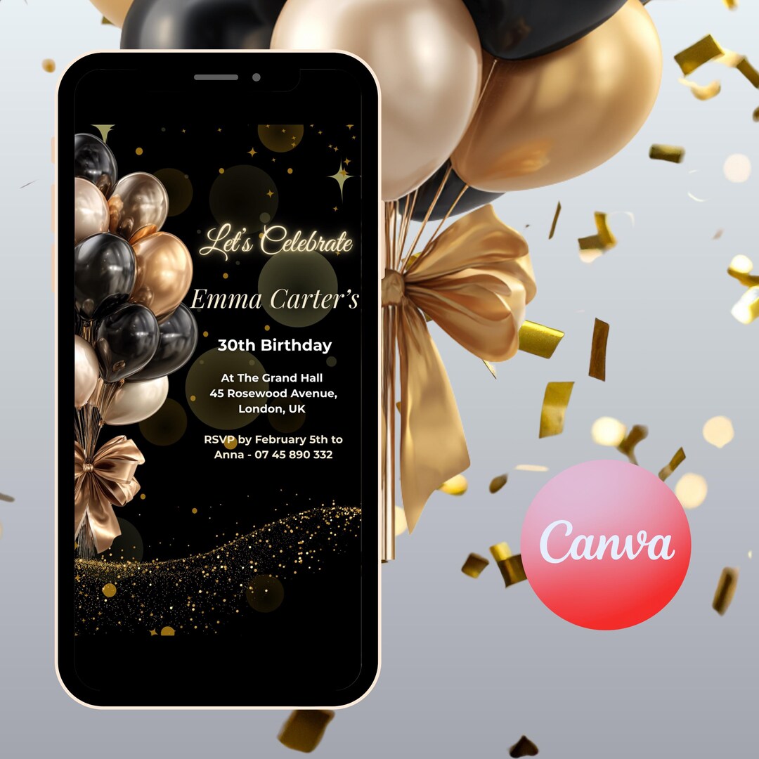 Black and Gold Birthday Invitation | Editable Phone Template (digital ...