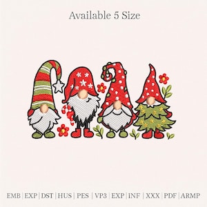 May include: An embroidered design featuring four Christmas gnomes with white beards and red hats. One gnome has a striped hat, another has a star, and a third has a polka-dot hat. The fourth gnome has a Christmas tree-shaped hat. Red flowers and green leaves are also included.
