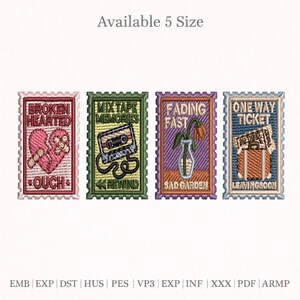 Pacchetto di disegni per ricamo con francobolli vintage, Cuore spezzato Ouch, Ricordi mixtape, Giardino triste, Biglietto di sola andata, Stile toppa retrò