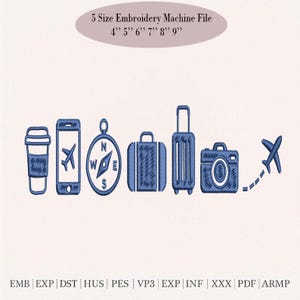 Travel Icons Embroidery Machine File, Airplane Camera Compass Suitcase (Digital Download)