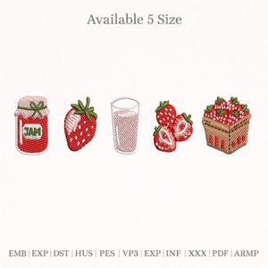 Diseño de bordado de tarro de mermelada de fresa, vaso y cesta (descarga digital)