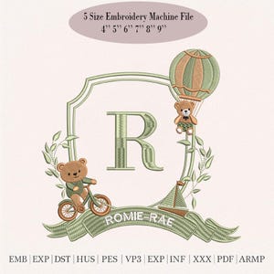 Diseño de bordado con monograma P, osito de peluche y globo aerostático (descarga digital)