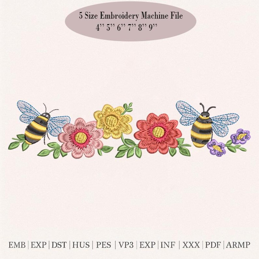 Honey Bee and Flowers Embroidery Design, Floral Bumble Bee Machine ...