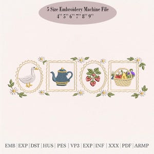 Può includere: Un file di ricamo con quattro illustrazioni incorniciate: un'oca, una teiera blu, fragole e un cestino di frutta. Il design include il testo "5 Size Embroidery Machine File" e misure da 10.16cm a 22.86cm.