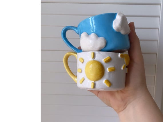 Handmade Sun & Cloud Couple Mugs • Cute Matching Mug Set • Custom Ceramic Gift for Couples • Unique Friendship or Family Gift