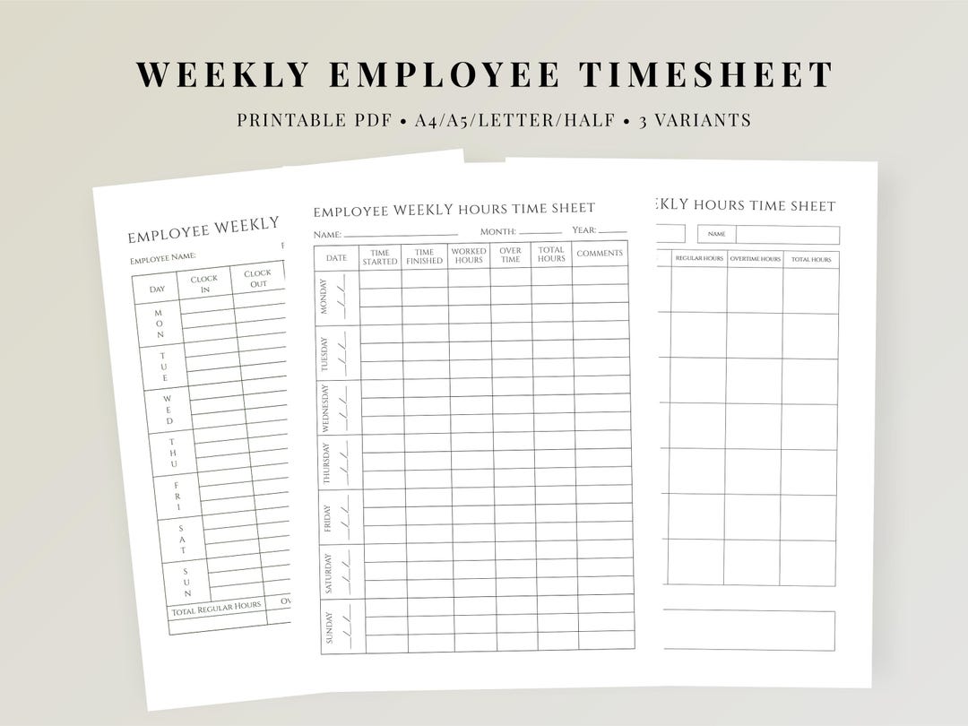Weekly Employee Timesheet Printable PDF, Work Hours Log Sheet, Payroll ...