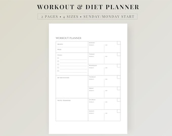 Weekly Workout Planner Printable, Workout Log PDF, Fitness Planner, Diet Planner, Gym Tracker, Weekly Fitness Journal, A4 A5 Letter Half