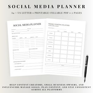 May include: Open social media planner with two pages, one for monthly planning and the other for weekly posting. The planner is labeled "Social Media Planner" and includes sections for goals, strategy, and content types. A black pen rests on the right side.