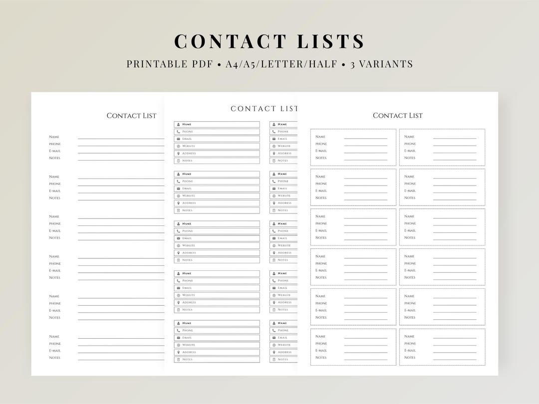 Contact List Printable, Address Book Printable, Phone Number List ...