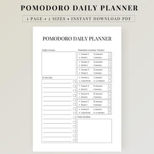 Pomodoro Planner Printable PDF, Daily Productivity Planner, Focus Timer Worksheet, Study Planner, ADHD Time Management, Instant Download