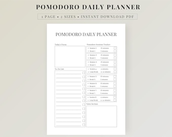 Pomodoro-planerare utskrivbar PDF, daglig produktivitetsplanerare, fokustimerarbetsblad, studieplanerare, tidshantering med ADHD, direktnedladdning