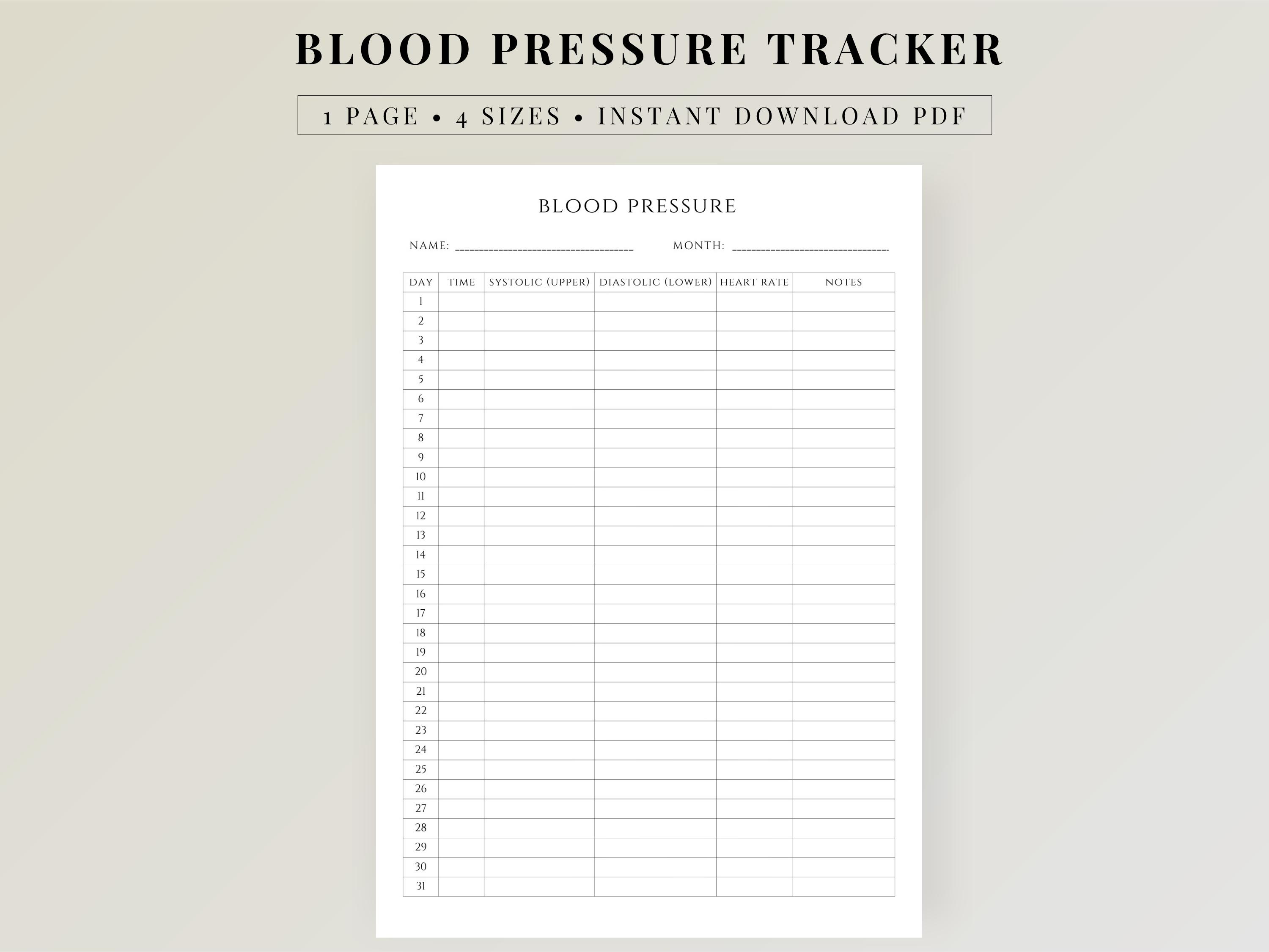 Op de afbeelding: Een wit printbaar bloeddruktracker-logblad met zwarte tekst. De koptekst bevat BLOOD PRESSURE, NAME en MONTH. Een tabel bevat kolommen voor DAY, TIME, SYSTOLIC, DIASTOLIC, HEART RATE en NOTES, met rijen genummerd van 1 tot 31.