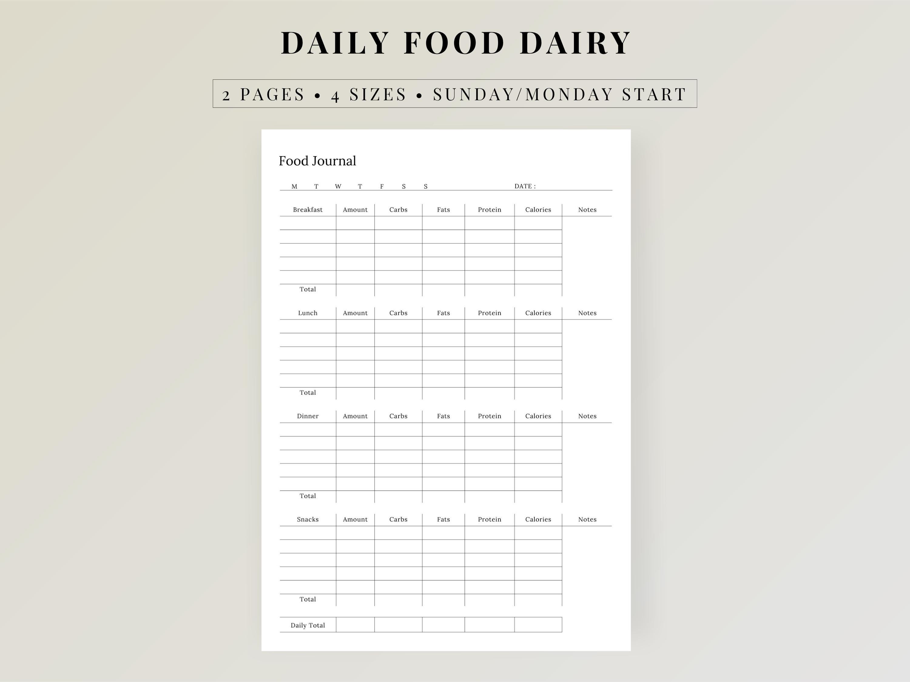 Daily Food Diary Printable, Food Journal PDF, Meal Tracker Planner ...
