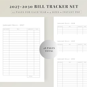 Bill Tracker Printable 2027-2030, Monthly Bill & Due Dates Planner, Bill Organizer, Budget Planner, Finance Tracker, Instant Download PDF