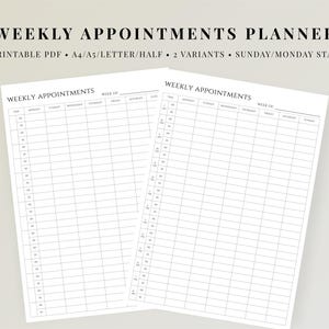 Könnte beinhalten: Zwei weiße, druckbare Wochenplaner für Termine. Der obere Text lautet "WEEKLY APPOINTMENTS PLANNER" und "PRINTABLE PDF • A4/A5/LETTER/HALF • 2 VARIANTS • SUNDAY/MONDAY START". Jeder Planer hat ein Rasterlayout mit Spalten für jeden Wochentag.