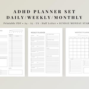 May include: ADHD planner set with daily, weekly, and monthly layouts. The set includes printable PDF templates in A4, A5, US, and half-letter sizes. The design features a clean, minimalist style with sections for to-do lists, schedules, and notes. A pen is included.