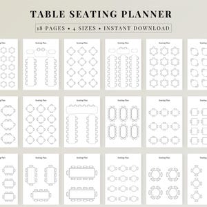 Può includere: Una raccolta di 18 modelli stampabili di pianificatore di posti a sedere a tavola con vari layout di tavoli, tra cui disposizioni rotonde, rettangolari e quadrate. Il testo in alto recita "TABLE SEATING PLANNER" e "18 PAGES • 4 SIZES • INSTANT DOWNLOAD".