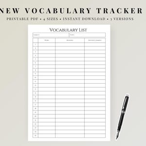 Op de afbeelding: Een witte, afdrukbare woordenschattrainer met een woordenschatlijstindeling, inclusief kolommen voor onderwerp, woord, betekenis en zinsvoorbeeld. De tekst "NEW VOCABULARY TRACKER" staat bovenaan. Een zwarte vulpen staat rechts.