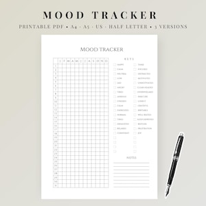 May include: A printable mood tracker on white paper with a grid for daily entries and a key for emotions. The text "MOOD TRACKER" is at the top. A black pen rests on the right side of the paper.
