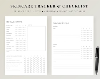 May include: Two white printable skincare routine checklists with black text. The checklists include sections for morning and evening routines, with checkboxes for each day of the week. A black pen is on the right.