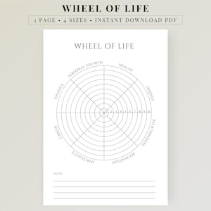 May include: A white printable document titled WHEEL OF LIFE featuring a circular diagram divided into eight segments labeled Personal Growth, Health, Friends, Relationships, Recreation, Spirituality, Career, and Finance, with a notes section below.