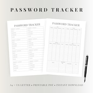 May include: Open password tracker notebook with the title "PASSWORD TRACKER" at the top. The notebook is open to two pages with sections for website, email, username, password, and notes. A black fountain pen rests on the right page.