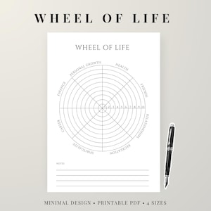 May include: A minimalist Wheel of Life worksheet with a circular diagram divided into sections like Finance, Career, and Health. Includes a black fountain pen and the text "WHEEL OF LIFE" and "MINIMAL DESIGN • PRINTABLE PDF • 4 SIZES".