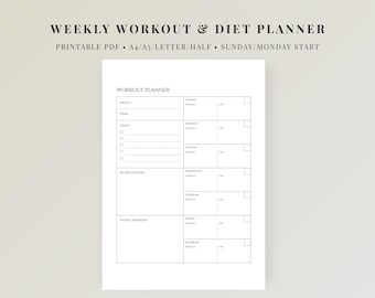 Weekly Workout Planner & Diet Planner Printable, Fitness Tracker PDF, Gym Log, A4 A5 Letter Half Letter, Instant Download