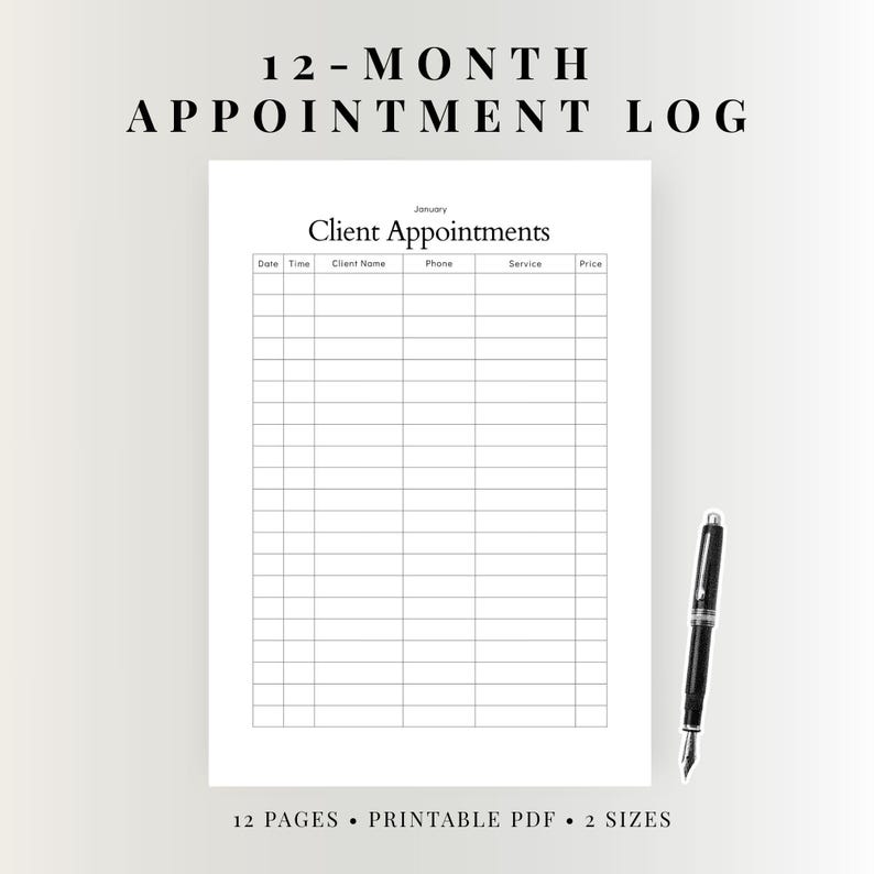 12-month Client Log Printable | Appointment Tracker | Monthly Booking ...