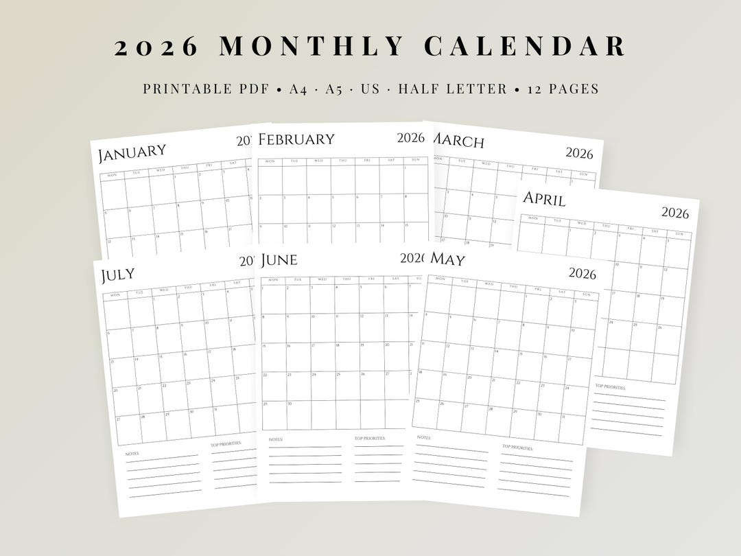 2026 Monthly Calendar Printable | Minimal 2026 Planner With Notes