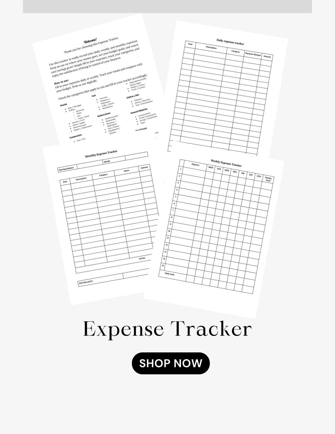 Printable Expense Tracker: Daily, Weekly, Monthly Finance Organizer ...