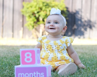 Hand Crocheted Cotton Baby Dress, Yellow & White, 0-6 Months