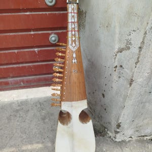 May include: A long, stringed musical instrument with a pear-shaped body and a long neck. The instrument is primarily brown with white and red decorative accents. The body is white with two large, rounded cutouts. The instrument has multiple tuning pegs.
