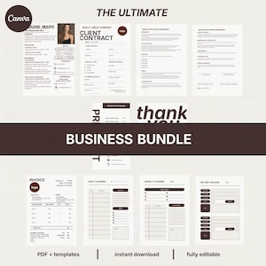 May include: A business bundle with templates for invoices, client contracts, service agreements, and planners. The documents are in a minimalist design with a neutral color palette and the text "THE ULTIMATE BUSINESS BUNDLE".