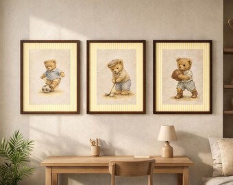 Vintage Teddy Bear Sports Wall Art Set Of 6+BONUS, Nursery Printable Wall Decor, Vintage Ralph Teddy Prints, Baby Nursery, Instant Download