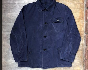 Vintage French Work Jacket Faded Canvas Washed Chore Cotton Jacket Size ~M