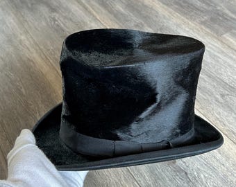 Antique Silk Top Hat Manufactory in London Extra Quality Victorian Edwardian Black Cylinder Hat Steampunk Gothic Antique Gentleman Top Sz 56