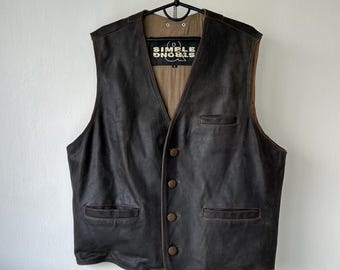 Gilet vintage semplice, robusto, in pelle marrone pesante, con cintura sul retro, da uomo, taglia XL