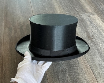 19e 20e eeuwse antieke opvouwbare operahoed Gibus Feinste Handarbeit zwarte Chapeau Claque mechanische hoge hoed Vintage Steampunk cilinder