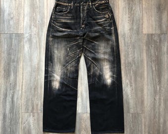 Pantaloni vintage Yohji Yamamoto, marca giapponese, in denim scuro slavato, taglia 32, Made in Japan.